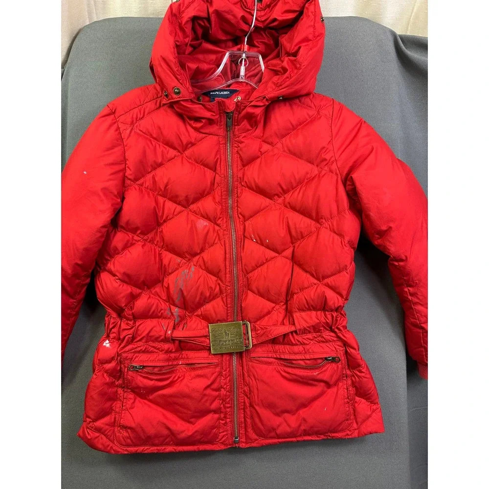 VTG Ralph Lauren Girls Red Quilted Down Puffer Jacket Hooded Belted Size XL 16
